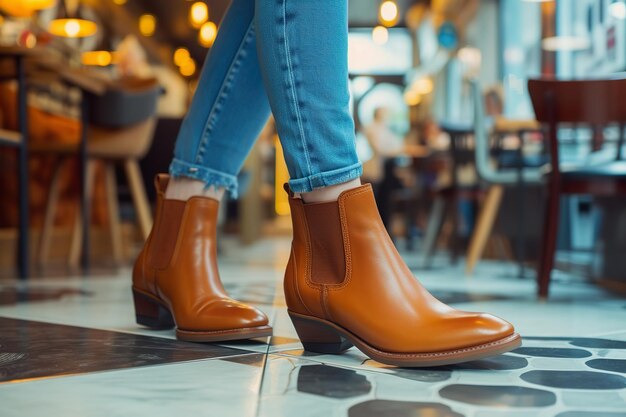 Photo stylish leather chelsea boots paired with blue jeans