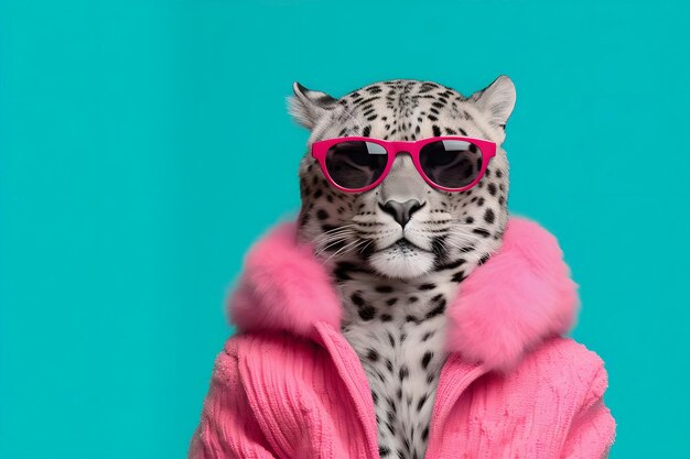 Foto leopardo elegante con occhiali da sole e una giacca rosa con collare di pelliccia concetto moda creativa e stile e successo ia generativa