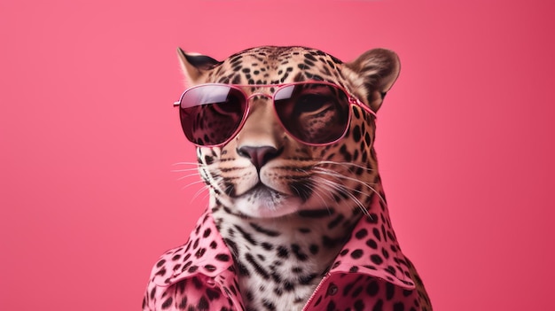 Photo a stylish leopard wearing sunglasses against a vibrant pink background