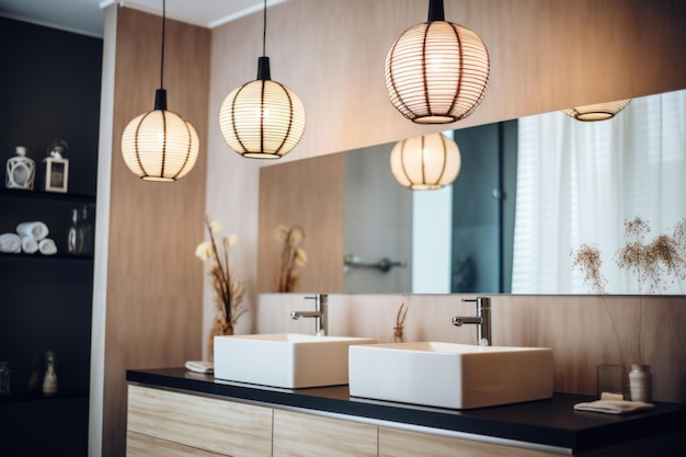 Photo stylish light fixtures in modern bathroom