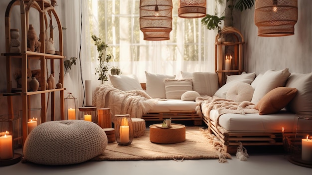 Photo stylish light room interior with neutral decor with a relaxing oasis with wicker lamps and greenery generative ai