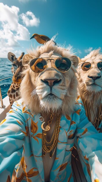 Stylish Lion with Sunglasses and Gold Chain Selfie with Giraffe and Bird