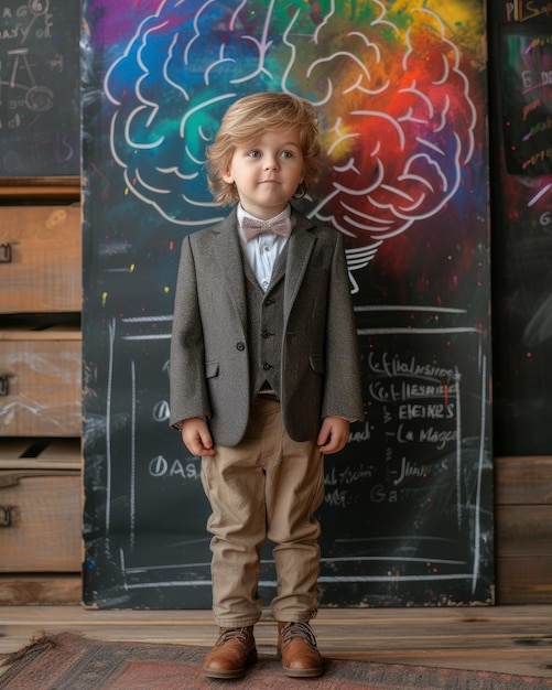 Stylish little scientist used brain art concept to draw a brain on a chalkboard