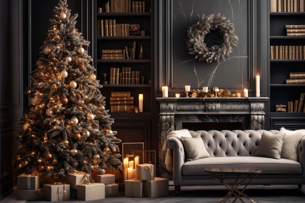 Stylish living room decorated for winter holidays Cozy interior with festive Christmas tree New Year background