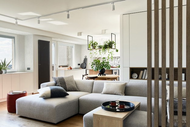 Foto design elegante del soggiorno con divano e accessori stile minimalista un concetto di amore per le piante