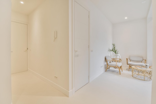 Stylish living room next to the hallway with white walls and floor