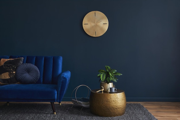 Premium Photo | Stylish living room interior composition with velvet blue sofa golden side table and elegant home decor dark blue wallpaper template copy space Premium Photo | Stylish living room interior composition with velvet blue sofa golden side table and elegant home decor dark blue wallpaper template copy space
