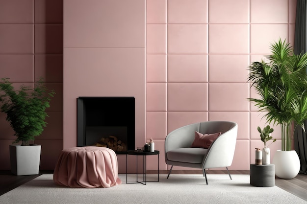 Stylish living room interior design pink soft chair plants and fireplace AI Generated