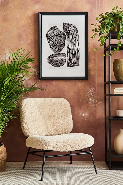 Stylish living room interior design with mock up poster frame\
frotte armchair black metal shelf side table plants and creative\
home accessories home staging template copy space