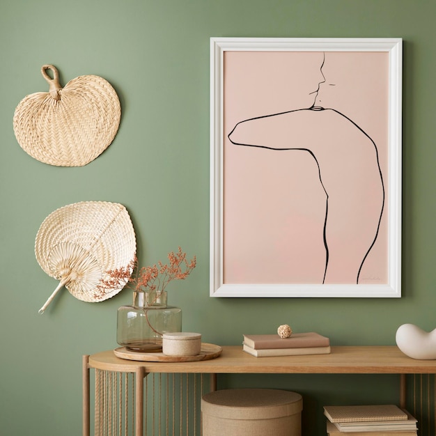 Foto elegante design degli interni del soggiorno con cornici per poster mock up in legno