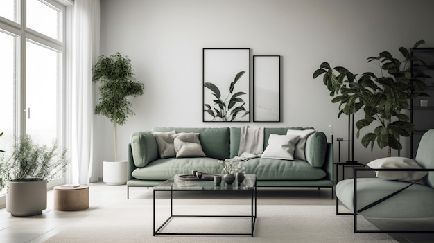 Stylish living room interior of modern apartment and trendy furniture Home decor sage green