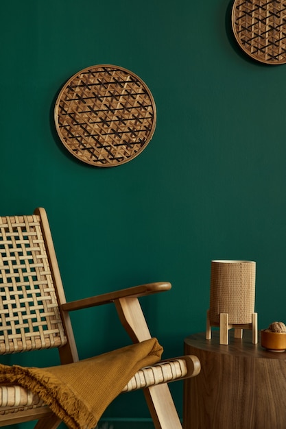 stylish living room interior in modern house with design rattan armchair, brown wooden coffee table, book, rattan decoration, frame