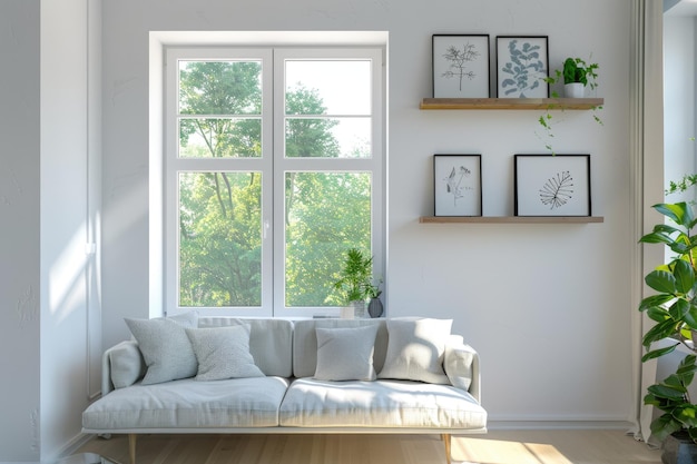 stylish living room interior shelf and couch near window mockup frame high detail 8k ar 32 job id f5cfc31f9b534db28d7b4b68b3832278