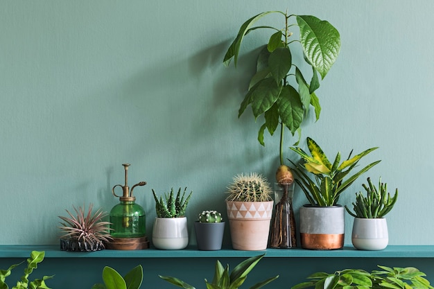 Elegante soggiorno interno con bellissime piante in diversi hipster e vasi di design sullo scaffale verde. parete verde. concetto moderno e floreale della giungla del giardino di casa. copia spazio.