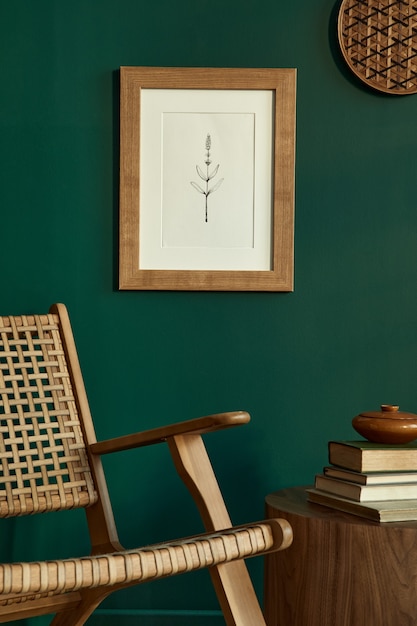 стильный интерьер гостиной с дизайнерским креслом из ротанга и макет шаблона рамки плаката