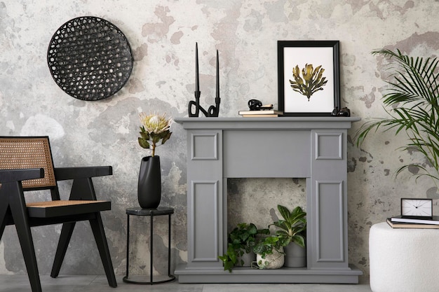 The stylish living room interior with grey fireplace rattan armchair concrete wall and dried flowers Grey floor with beige carpet Home decor Template