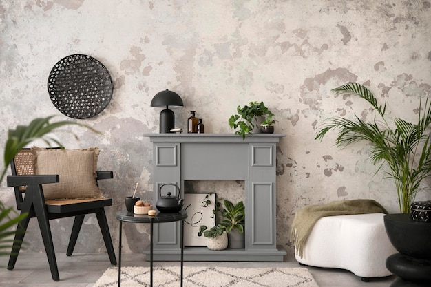 The stylish living room interior with grey fireplace white armchair concrete wall and dried flowers Grey floor with beige carpet Home decor Template