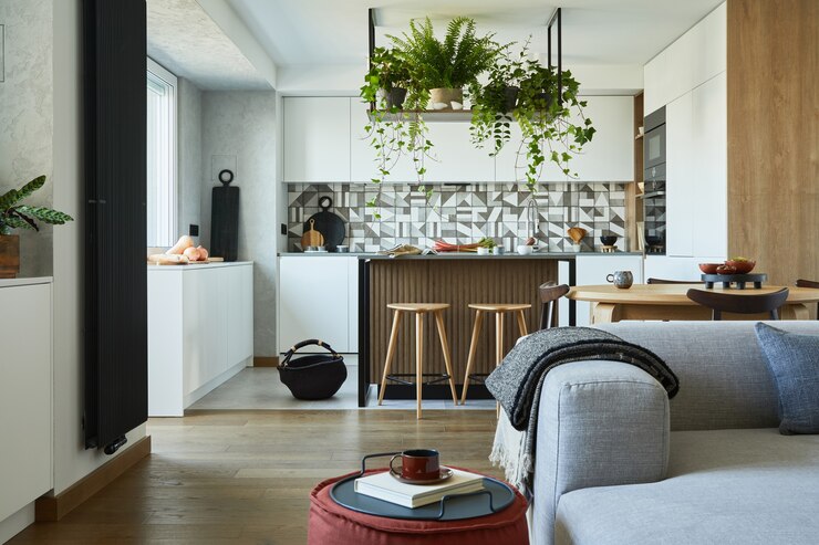 Photo stylish living room interior with grey sofa minimalistic style and plant love concept template