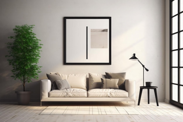 Stylish living room interior with sofa coffee table plants pictures on wall and elegant accessories in modern style Generative AI illustration