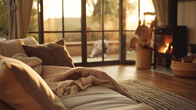 Стильный интерьер гостиной с теплыми текстилями и камином Уютная домашняя атмосфера