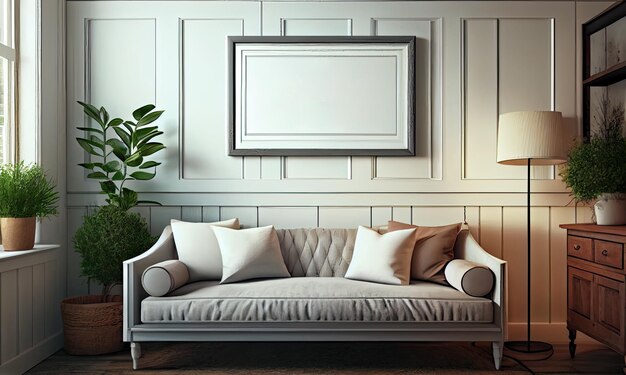 Stylish living room in Scandinavian style large sofa and Frame mockup generative AI