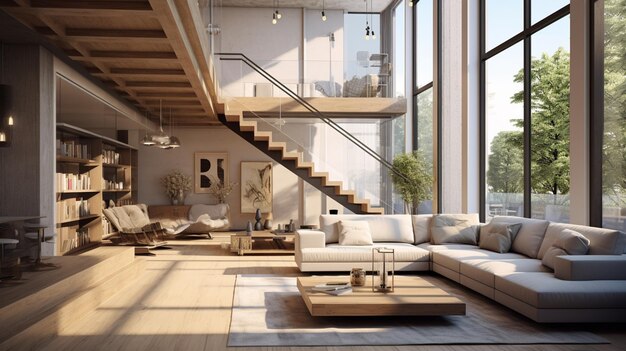 Stylish living room with big sofa many windows and stairs in amazing apartment