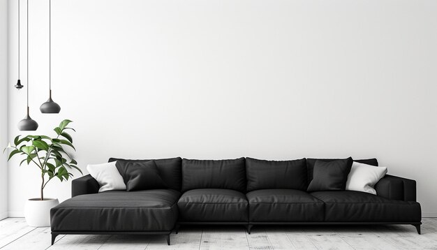 Photo stylish living room with black couch and potted plant