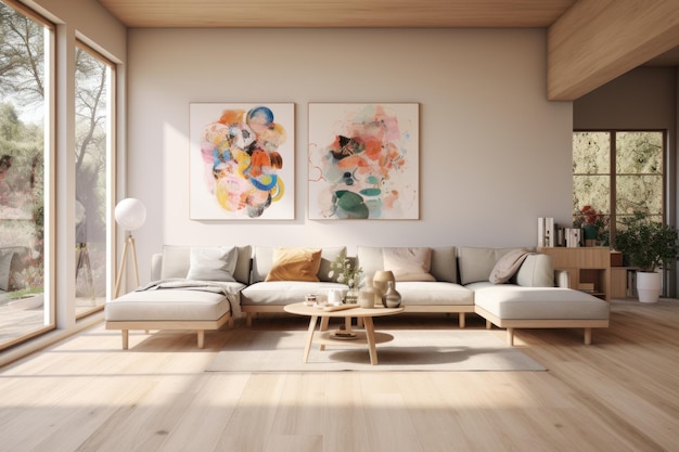 スタイリッシュなリビングデザインの家具明るい部屋の近代的な装飾リビングの壁のポスターモックアップ快適なソファとアームチェアを備えたエレガントで豪華なリビン