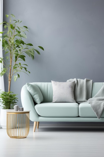 A stylish living room with a green sofa