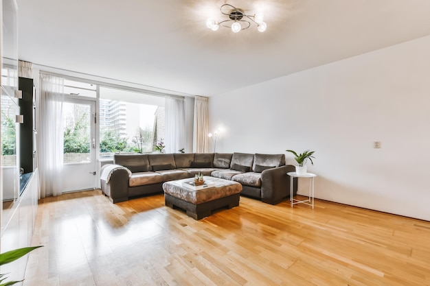 Stylish living room with a large dark sofa