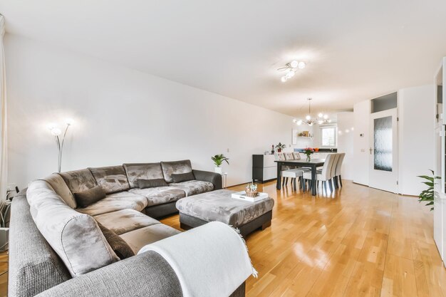 Stylish living room with a large dark sofa