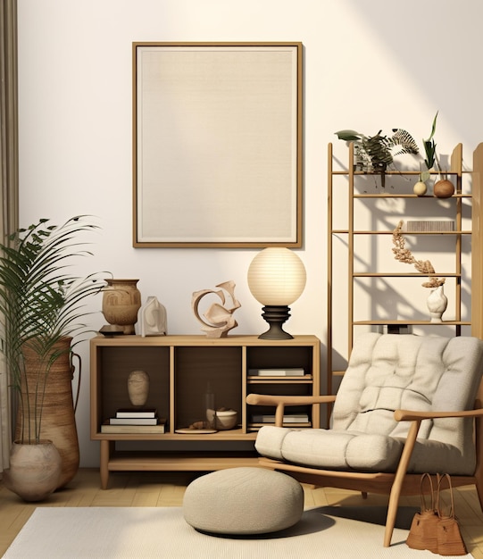 A stylish living room with a large empty frame on the wall a wooden shelf with plants and books a comfortable armchair and a large plant in the corner