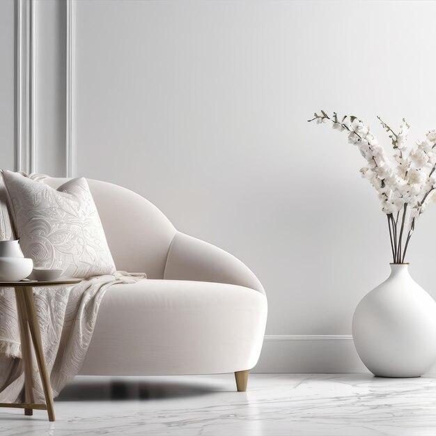 Photo a stylish living room with white couch and vase of flowers