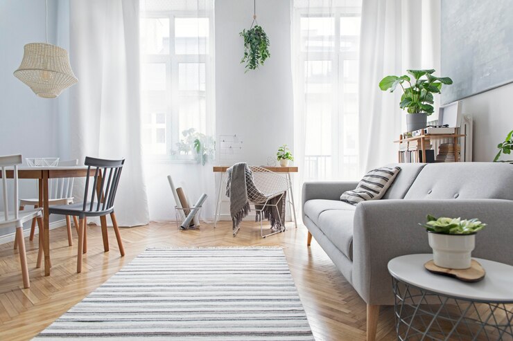 Photo stylish living room with wooden desk sofa and elegant decorations in design home decor template