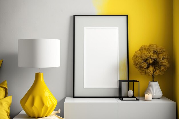 Stylish living room with yellow wall and vacant vertical picture frame modern minimalist interior design mockup poster space lamp console closeup