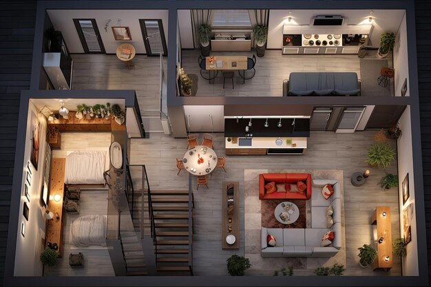 Stylish loft apartment with stunning top view Modern and chic 3D rendering