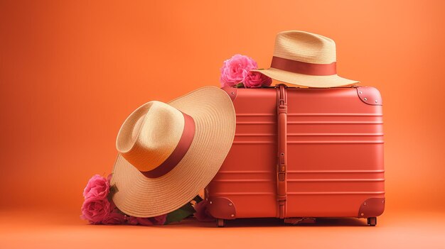 Stylish luggage bright orange suitcase and two straw hats