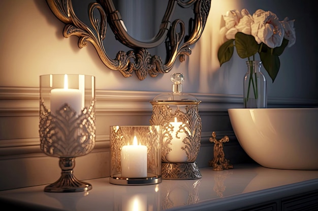 Stylish luxury bathroom with luxurious accessories in room by candlelight generative ai