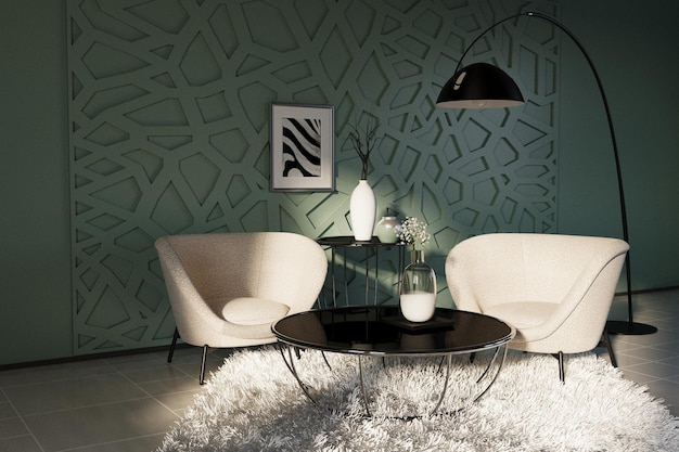 사진 심플하고 현대적인 부드러운 베이지색 가구 블랙 램프와 커피 테이블, 멋진 파스텔 녹색 벽을 갖춘 현대적인 아파트의 세련되고 고급스러운 아늑한 인테리어