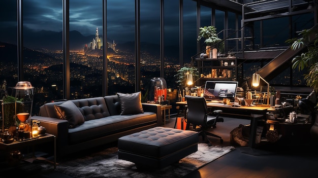 Stylish Luxury Home Office Interior In An Ultramodern Brutal Apartment In Dark Colors And Cool