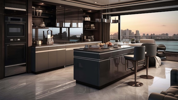 stylish luxury kitchen interior in an ultramodern spacious apartment in dark colors with super cool led lighting and an island for cooking and a dining table area