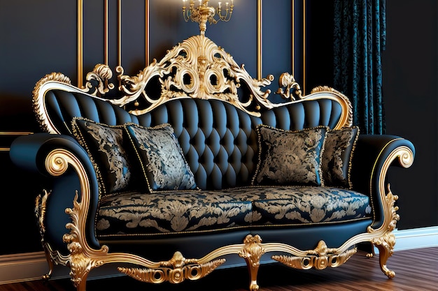 Stylish luxury upholstered furniture with gold trim in baroque interior created with generative ai