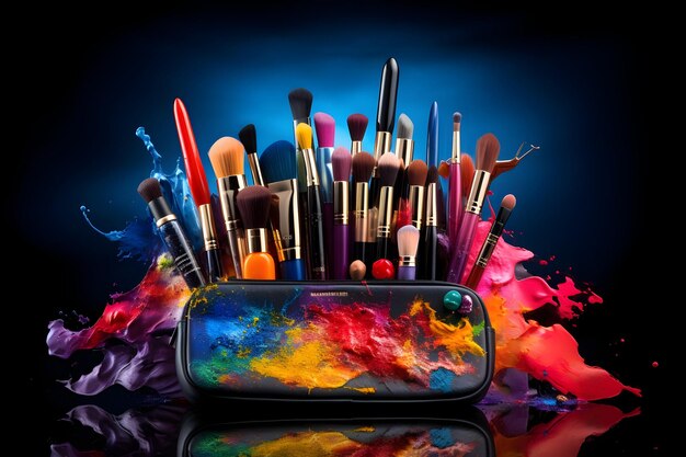 A stylish makeup bag bursting with vibrant lipsticks eyeshadow palettes and brushes