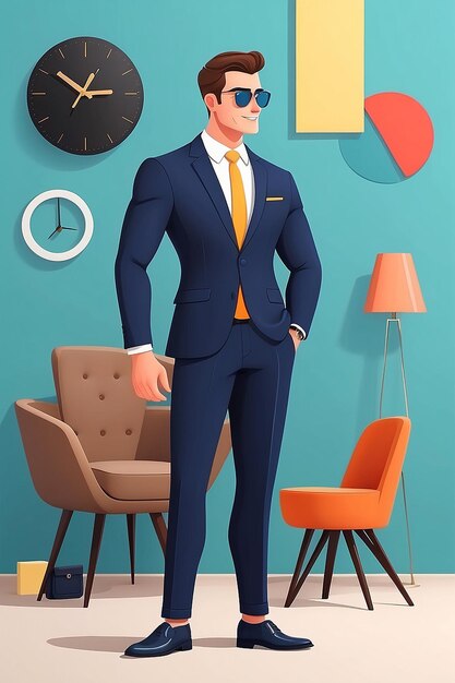 写真 興味深い背景の漫画の男性キャラクターにビジネススーツを着たスタイリッシュな男性ビジネスマン