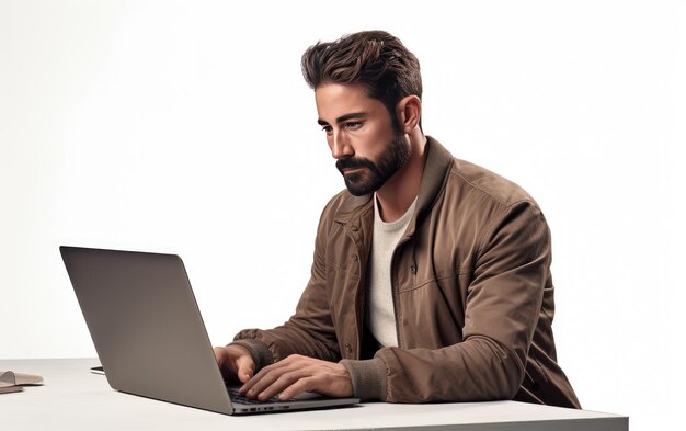 세련된 남성은 흰색 배경에 격리된 노트북을 사용하는 동안 우아함을 보여줍니다.