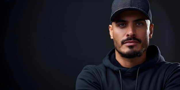 Foto un uomo elegante con un cappuccio nero e un berretto un ritratto concept stylish man black hoodie cap portrait urban fashion