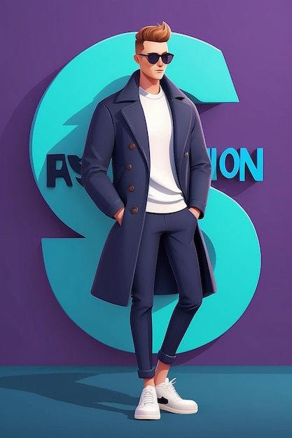 Photo stylish man in a flat style on an interesting background with the inscription fashion vector illustration