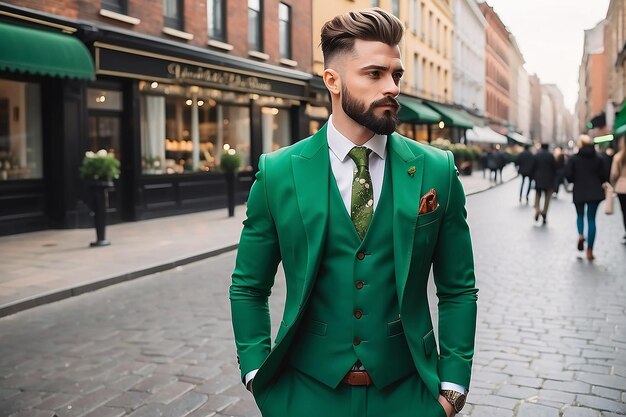 Foto uomo elegante in abito verde all'aperto concetto stpatrick's day