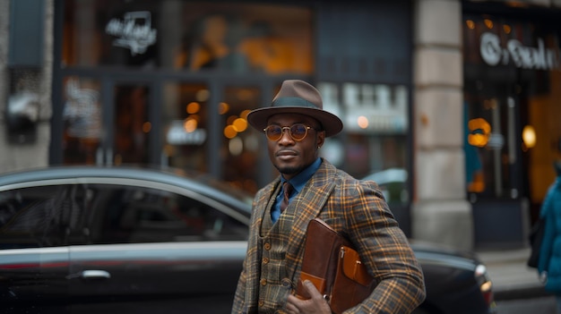 Stylish Man in Hat with Briefcase on Urban Street