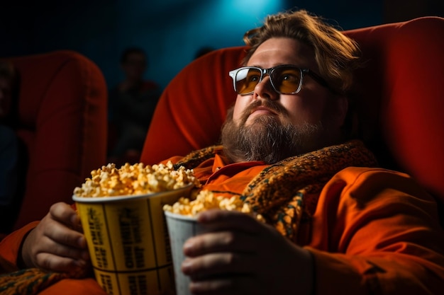 Stylish Man kijkt naar een film en houdt popcorn vast.